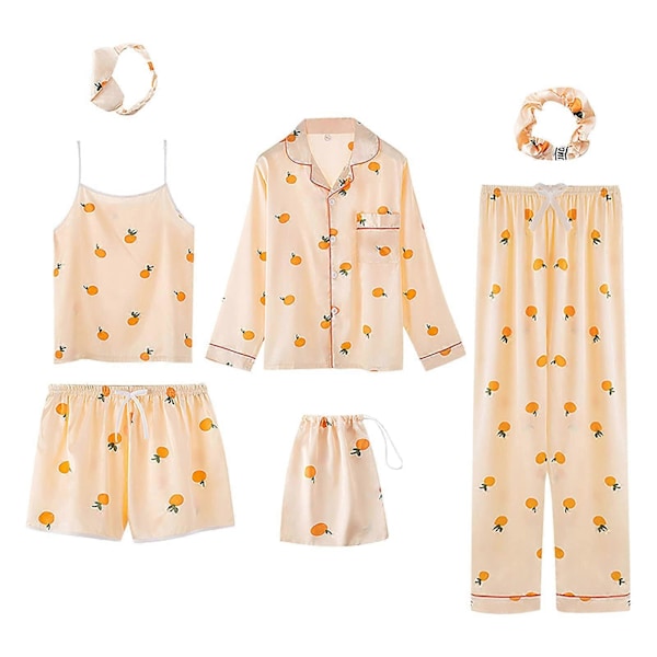 7 Delar Dam Pyjamas Set Faux Siden Pyjamas Dam Pyjamas Sovkläder Set Vår Sommar Hemmakläder Nattkläder Set Dam Bekväm Bomull GåvaMF