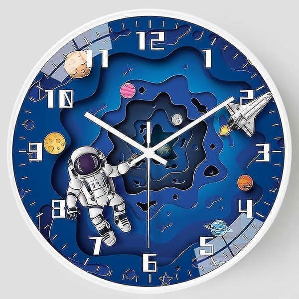 Tyst Väggklocka för Barn, Icke Tickande Rund Väggklocka för Barn, Astronaut Rymdresa