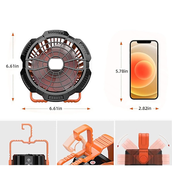 Bärbar Campingfläkt, Tältfläkt med LED-lykta, Powerbank Uppladdningsbar Batteridriven Cam