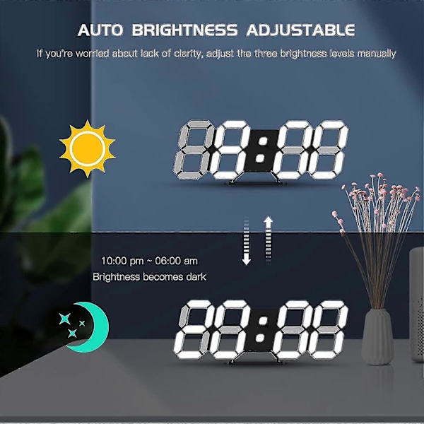 LED Digital Skrivbordsklocka 3D Liten Väckarklocka Svart 25.2cm Heminredning Tyst Dimbar Snooze Tidsminne 12/24 Datum Temperatur Nattlampa