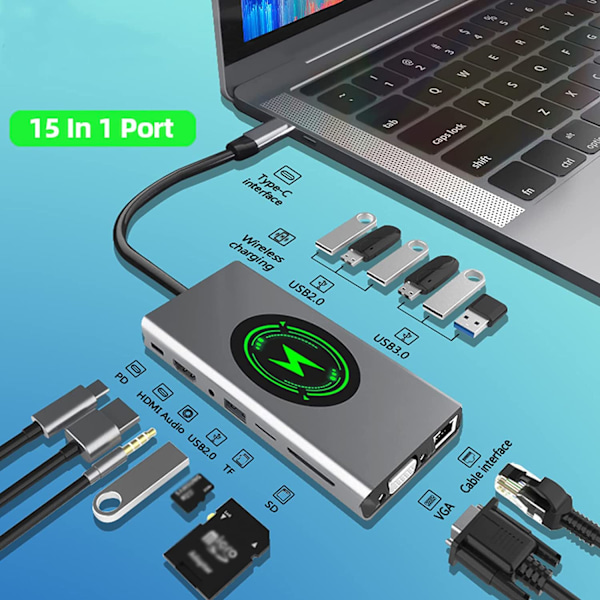15-i-1 USB C Hub Adapter USB-C Dockningsstation med 4K HDMI VGA RJ45 Trådlös Laddare 100W PD SD TF för Macbook Pro Huawei Mate