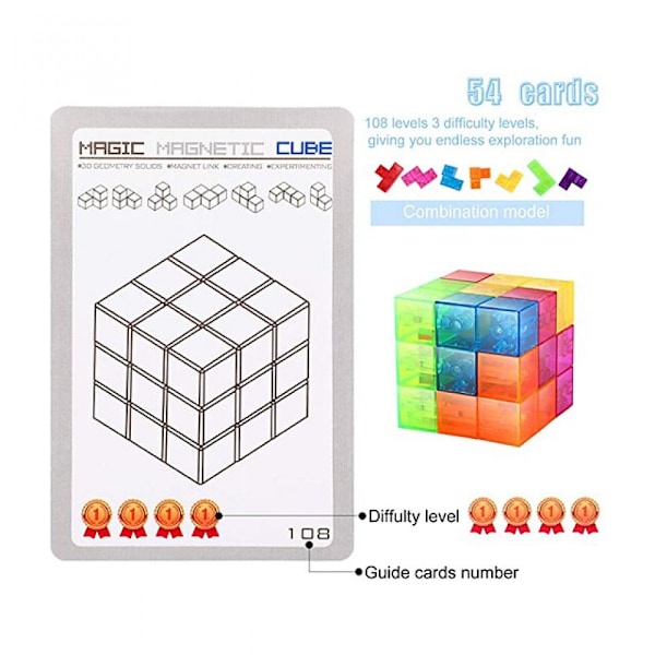 Magnetiska 3D-pusselkuber Transparent Magnetisk Kub Består av 7 Magnetiska Byggklossar med 54 Guidekort, 108 Splitsningsutmaningar för att Fördriva Tiden