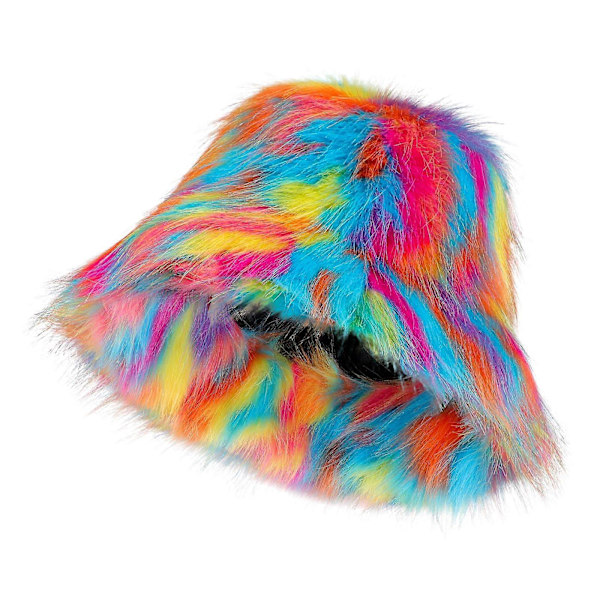 Elegant Fluffig Kvinnors Hinkhatt Vinter Faux Päls Fuzzy Varm Mössa Hatt Blandade Färger Plysch Fiskarehatt Justerbar, färgglad