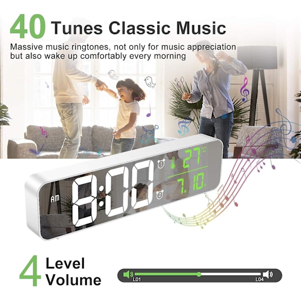 Digital Väckarklocka, LED Digital Spegel Stor Skärm med Datum Temperatur, 2 Alarm, 40 Musik, 6 Dimbar Ljusstyrka, Vit