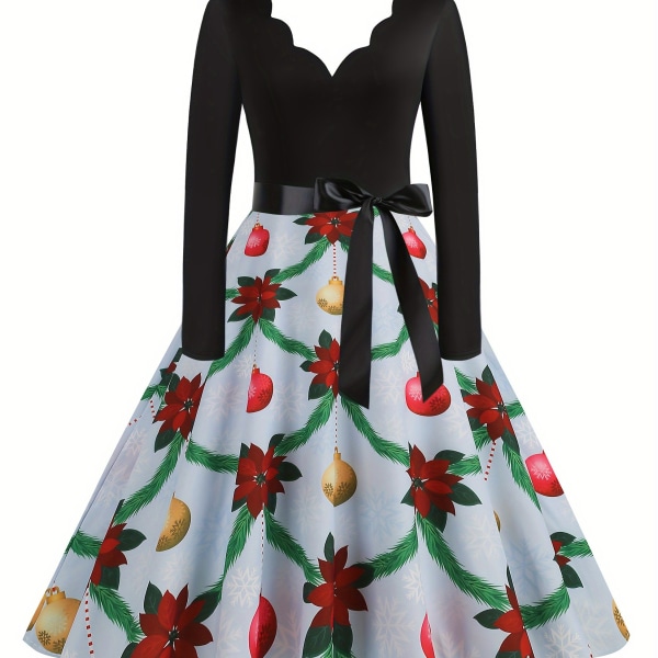 Julklänning med grafiskt print , vintage V-ringad långärmad klänning, Multicolor XXL(18)