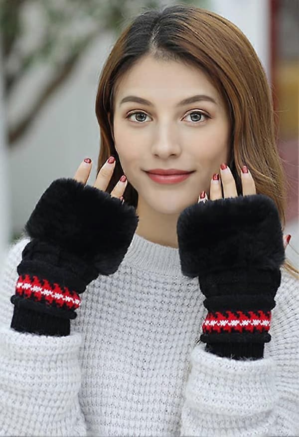 Damhattset Fluffig Vintermössa Stickad Beanie Utomhus Plyschfoder Rysk Mössa Pompom Öronlapp med Handskar, svart