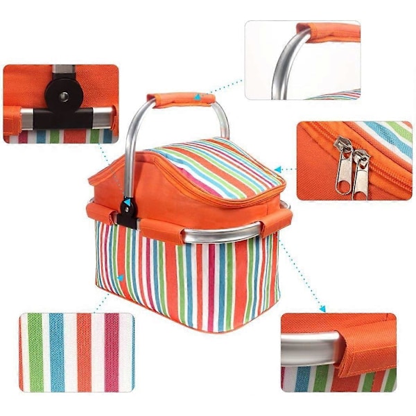 20L Isolerad Hopfällbar Picknickkylväska Korg Matkasse för Camping Vandring Strand Grillar Utomhuspicknick (Orange)