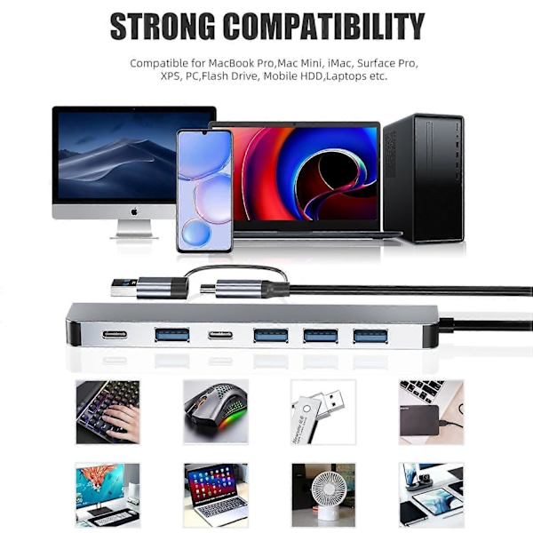 Aluminium 7 i 1 USB C Hub med 7 USB-portar Ultra Slim Portabel USB Splitter Adapter