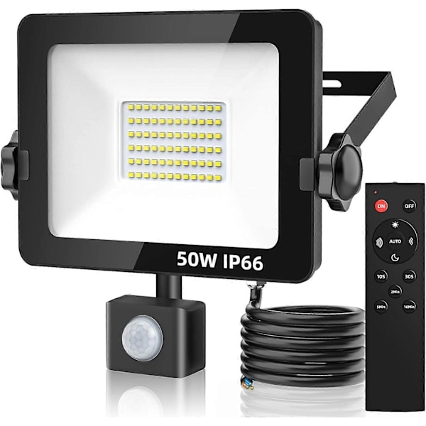 50W 5000 Lumen LED-strålkastare med PIR-sensor, IP66 Vattentät Utomhusvägglampa med Fjärrkontroll för Trädgård, Bakgård, Garage