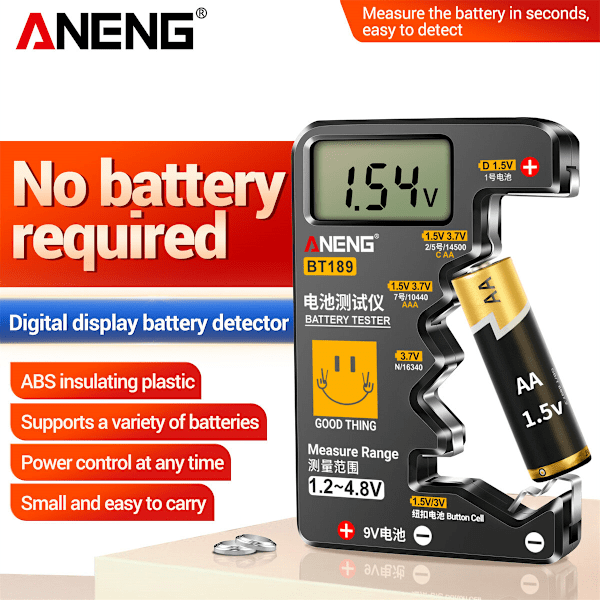 ANENG BT189 Digital Batteritestare LCD-Display AA AAA 9V 1.5V 3V Knappcellsbatteri Kapacitetskontroll Lastanalysator