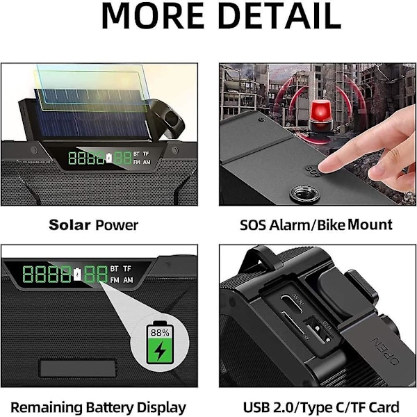 Bärbar Bluetooth-högtalare med uppdragbara AM/FM-radio, 5000mAh Power Bank IPX5 Vattentät Solar Handvev
