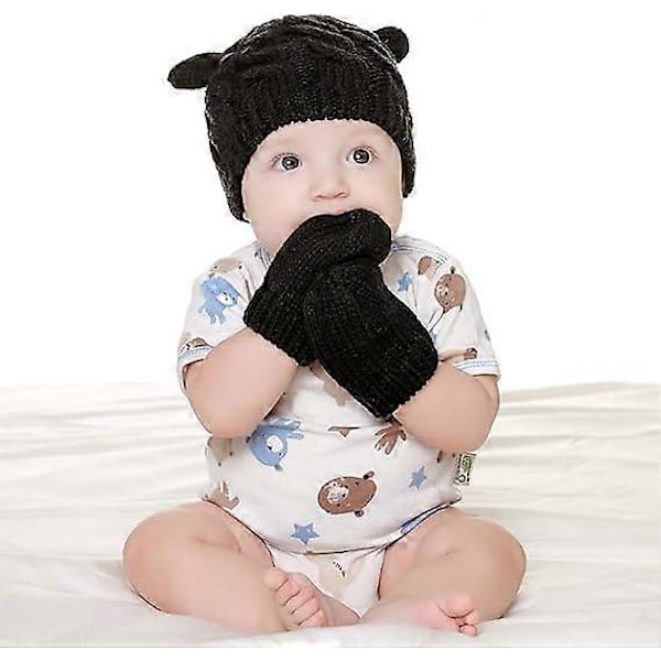 Nyfödd Baby Vintermössa och Vantar Set Spädbarn Småbarn Varm Stickad Mössa och Vante Set för Pojkar Flickor Svart, S