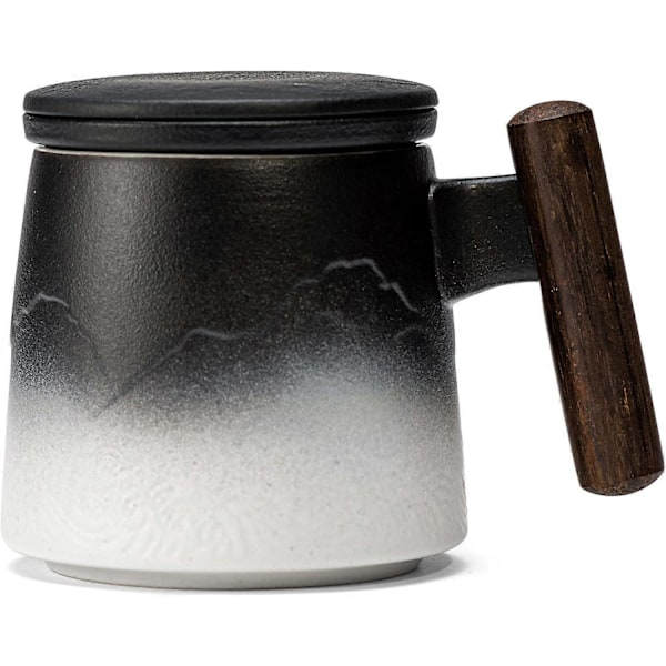 Gradient Keramisk tekopp med lock och rostfritt stålfilter, för kontor och hem, 400ml (Kort - Svart Vit Gradient)