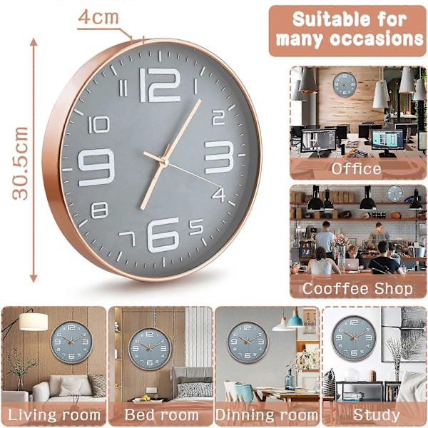 Väggklocka 30 cm utan tickande ljud, tyst kvarts, dekorativ väggklocka, rund modern minimalistisk för vardagsrum, sovrum, kök, kontor,