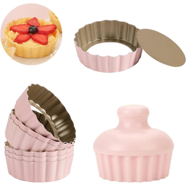 Mini Pajform med Stamp, Non-Stick 10 cm Kolstål Pajform för Bakning, Rosa Quicheform med Löstagbar Botten