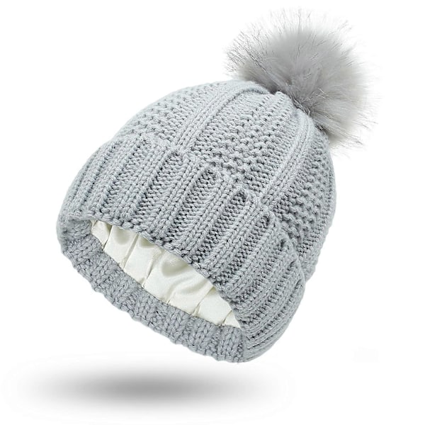 Damstickad mössa med satin foder Pom Pom Vinter Varm Mössa Tofsmössa Hårskyddande Silkeslen Stretch Stickad Mössa, Grå