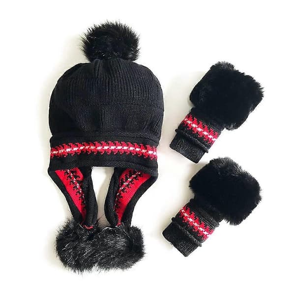 Damhattset Fluffig Vintermössa Stickad Beanie Utomhus Plyschfoder Rysk Mössa Pompom Öronlapp med Handskar, svart
