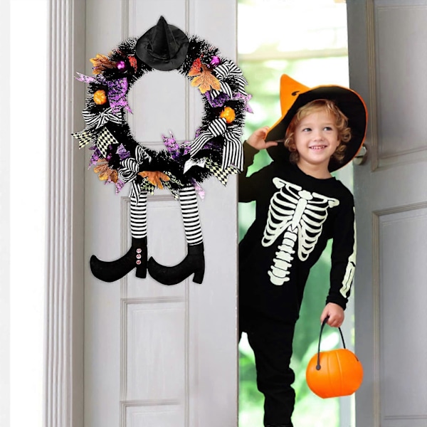 Halloweenkrans, Halloween dekoration trädgårdshäxa, 2023 häxben, dekorativ krans för ytterdörr, häxkrans för upphängning, välkomstkrans, Hall