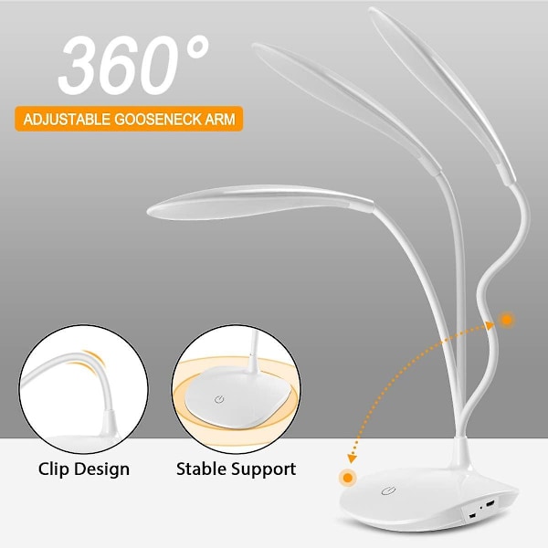 LED Skrivbordslampa, LED Bokläslampa med USB-kabel, 15 lysdioder, 3 ljusstyrkenivåer, 360 Flexibel, 1200mAh, Touchkontroll