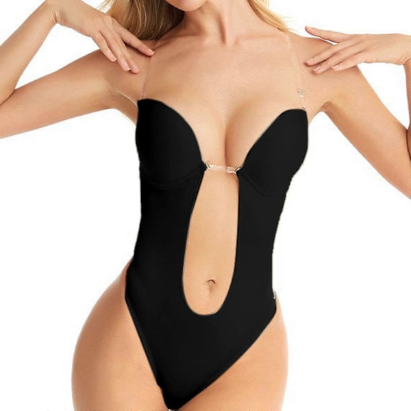 Rygglös Shapewear Bodysuit för Kvinnor Formande BH Kroppsformare Djup V-ringning Genomskinliga Band Tummy Control Underkläder Sömlösa Bodysuits för Låg Rygg, svart, S