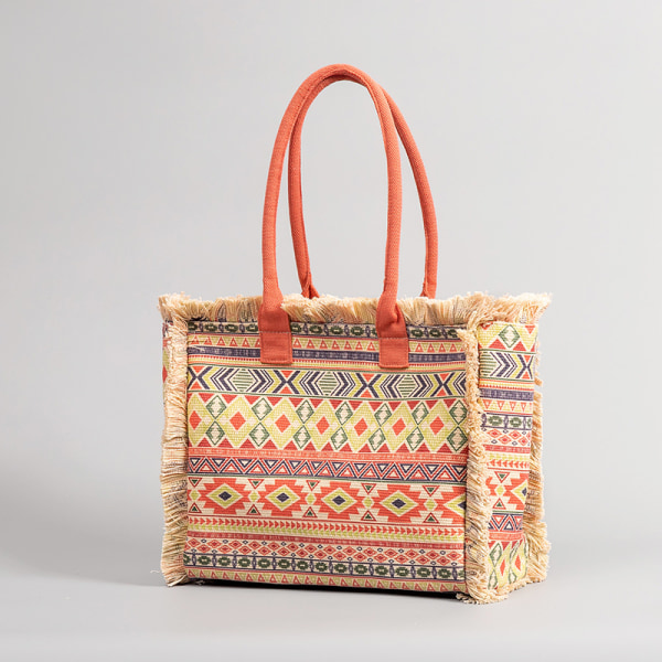 Bohemian Vintage Canvas Bag Stor Kapacitet Dragkedja Tote Bag Enkel axelväska för kvinnor Sommar