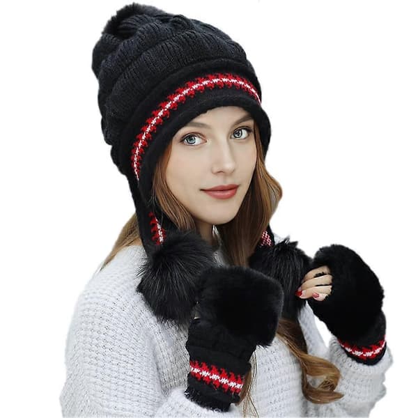 Damhattset Fluffig Vintermössa Stickad Beanie Utomhus Plyschfoder Rysk Mössa Pompom Öronlapp med Handskar, svart