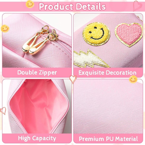 Preppy Patch Liten Toalettväska Smile Lightning Heart PU Läder Portabel Vattentät Smink Kosmetisk