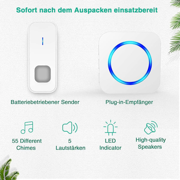 Trådlös Dörrklocka 400M Vattentät Elektronisk Ringsignal Kit med Batteri, 55 Melodier på 5 Volymnivåer för Hemmet, Blå LED-Indikator, Vit