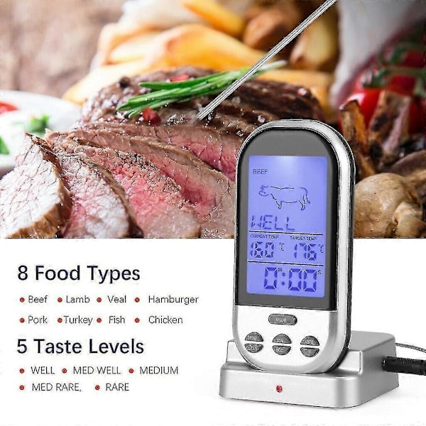 Trådlös Kötttermometer för Stek/Grill, Extern Xxl-Display, 8 Köttsorter (Kötttermometer W
