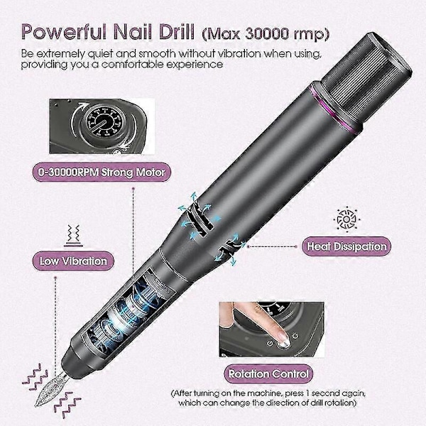 30000rpm Elektrisk Nagelborr Set Nagelborrmaskin Nagelfil Slipmaskin