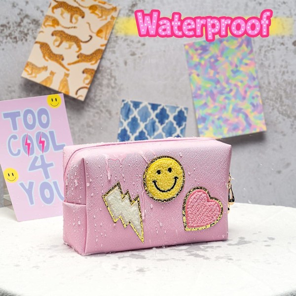 Preppy Patch Liten Toalettväska Smile Lightning Heart PU Läder Portabel Vattentät Smink Kosmetisk