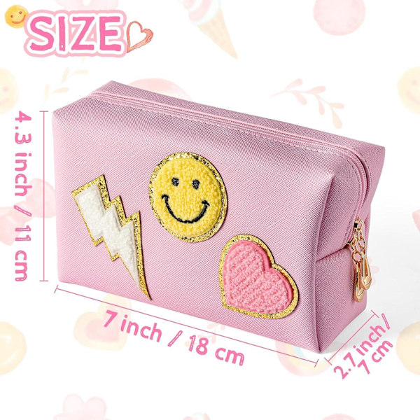Preppy Patch Liten Toalettväska Smile Lightning Heart PU Läder Portabel Vattentät Smink Kosmetisk
