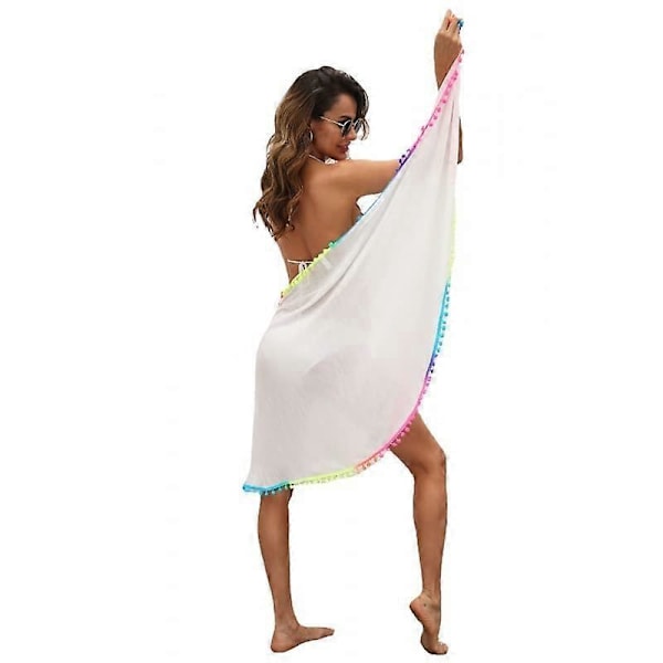 Strand Sarong för Kvinnor, Strandkläder, Kjolar, Sommarsemester, Omlottklänning, Baddräktsöverdrag med Tofs, vit