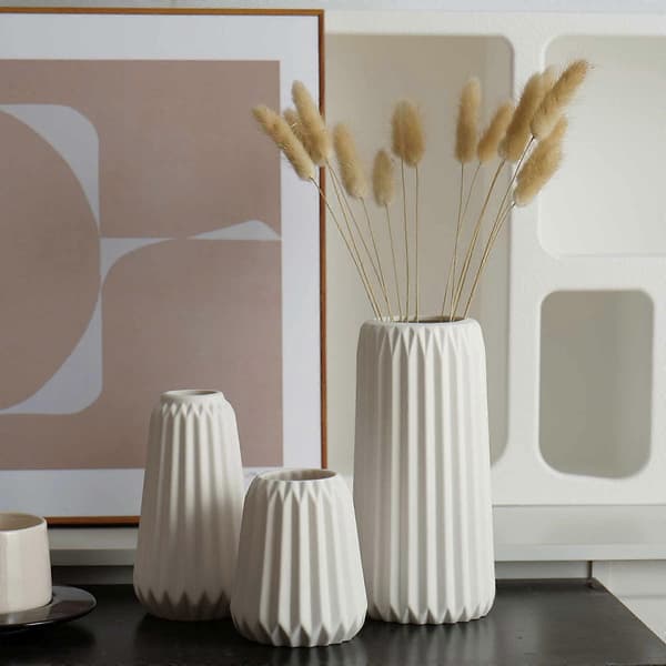 Keramiska Vas Set Om 3, Modern Neutral Vas Rustik Bondgård Heminredning Ribbad Vas Dekor