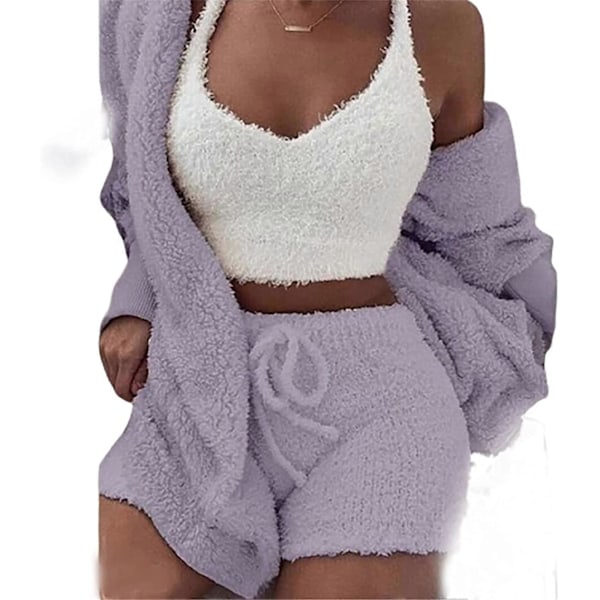 Dam Vinter Plysch Hemmakläder Casual 3-dels Pyjamas Långärmad Fluffig Jacka med Öppen Framsida & Shorts & Väst Set Håll Värmen Kappa