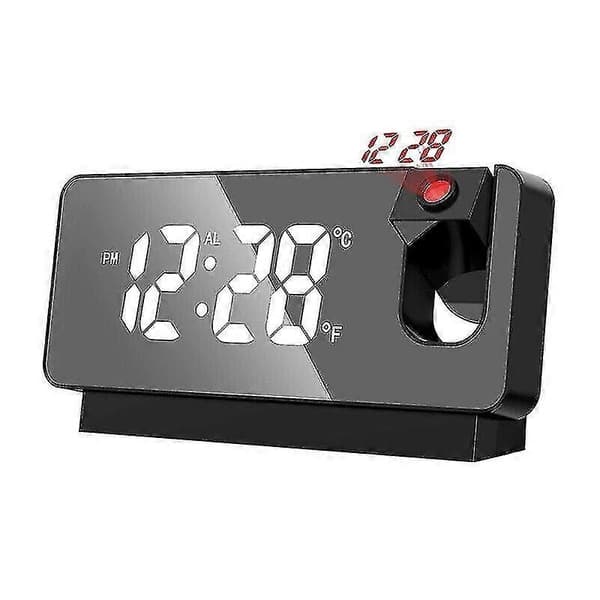 LED Spegel Projektionsväckarklocka Termometer Digital Snooze Roterande Display USB Svart