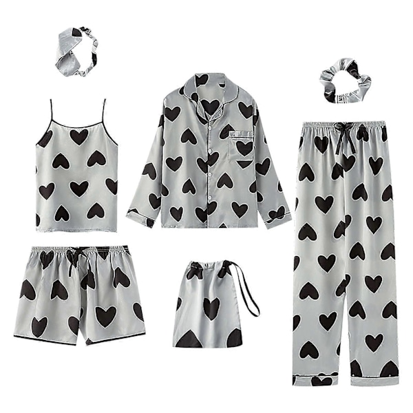 7 Delar Dam Pyjamas Set Faux Siden Pyjamas Dam Pyjamas Sovkläder Set Vår Sommar Hemmakläder Nattkläder Set Dam Bekväm Bomull Gåva XLC