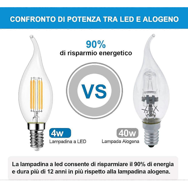 10-pack 4W LED Filamentlampa E14 470LM Flamljus Kallvitt 6000K, Ej Dimbar, 360 Graders Ljusvinkel