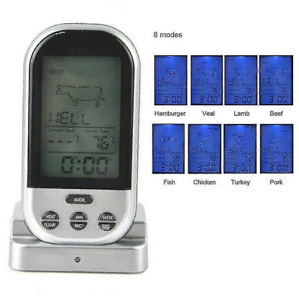 Trådlös Kötttermometer för Stek/Grill, Extern Xxl-Display, 8 Köttsorter (Kötttermometer W