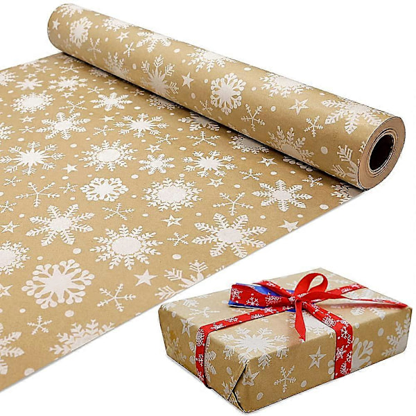 10 m rulle vit kraft presentpapper med snöflingor, 100% återvinningsbart, miljövänligt, för födelsedag, fest, juldekoration (10 m x 44 cm)