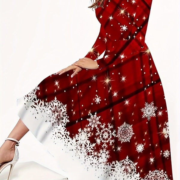 Christmas grafiskt print klänning, Casual långärmad crew Neck Dress Red XXL(18)