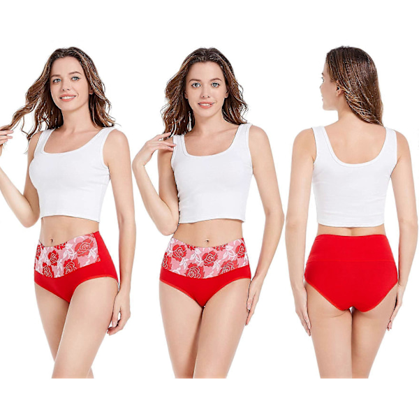 Högmidjade trosor för dam, rosor, bomullstrosor, underkläder med full täckning, plus size multipack (XXXL) röd