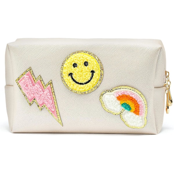 Preppy Patch Liten Toalettväska Smile Lightning Heart PU Läder Portabel Vattentät Smink Kosmetisk
