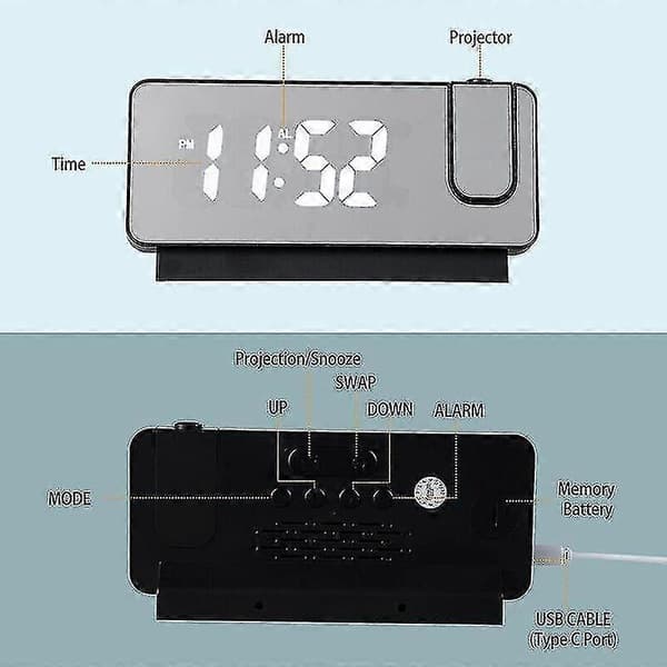 LED Spegel Projektionsväckarklocka Termometer Digital Snooze Roterande Display USB Svart
