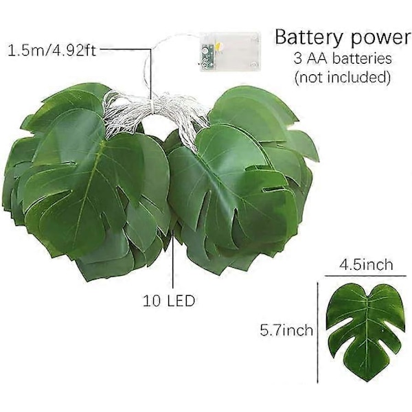 1,5M LED Ljusslinga Palmblad Konstgjord, Konstgjorda Palmblad med 10 LED Ljusslingor Batteri, Tropisk Växt, Safari-blad, Konstgjord Mon