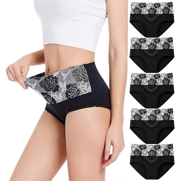 Högmidjade trosor för dam, rosor, bomullstrosor, underkläder med full täckning, plus size multipack (XL) svart