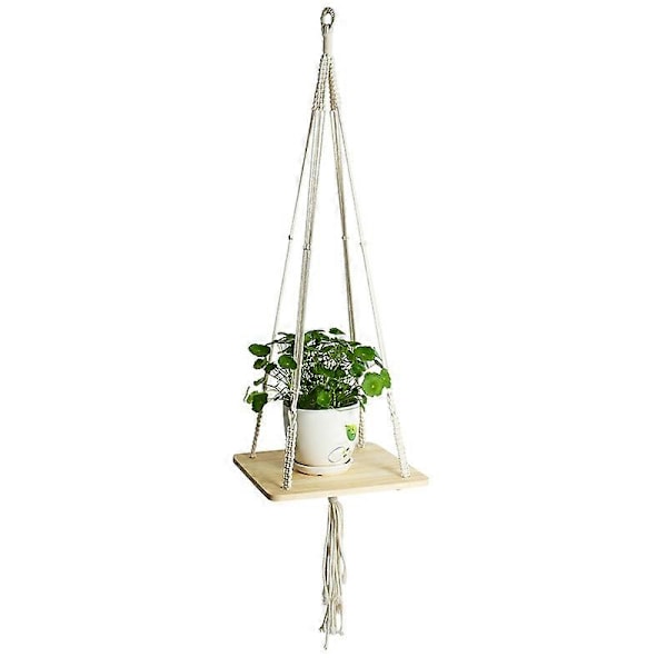 Trähängande Hylla Makramé Växthängare Hållare Hängande Blomkrukshållare Blomkrukshållare Boho för Växter Hängare Inomhus Utomhus Heminredning (Fyrkantig 10