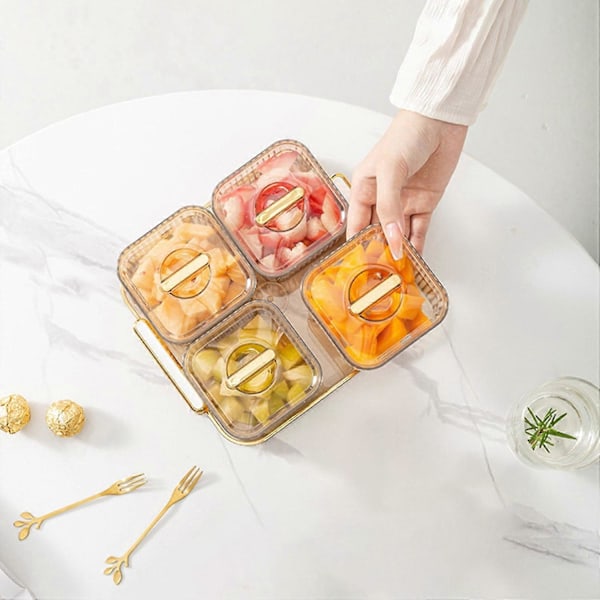 4-fackig Snacks Serveringsskål, Plast Fackindelad Aptitretare Mat Visningstallrik Med Lock