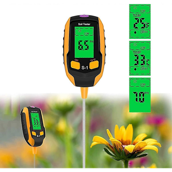 4-i-1 Jordfuktighetsmätare - Digital LCD-display - Växttemperatur/Jordfuktighet/pH/Solljusintensitet - Jordtestare för Trädgårdsarbete, Jordbruk