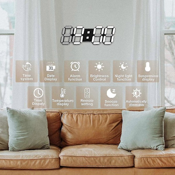 LED Digital Skrivbordsklocka 3D Liten Väckarklocka Svart 25.2cm Heminredning Tyst Dimbar Snooze Tidsminne 12/24 Datum Temperatur Nattlampa